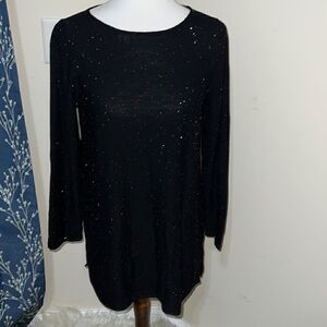Eileen Fisher Black Tunic Top Silver Metallic Glitter 3/4 Sleeves Merino Wool S